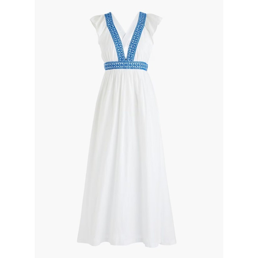 J.Crew Ruffle Deep V-Neck Beach Dress White Blue Embroidered Linen Maxi NWT S